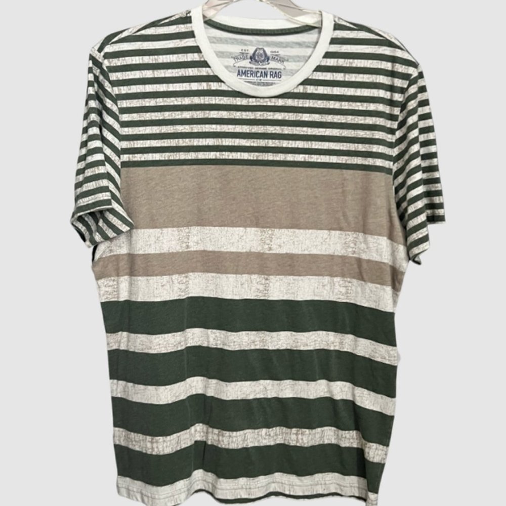 American Rag Men's Crew Neckline T-Shirt Green/Tan Stripe Design - Size Medium